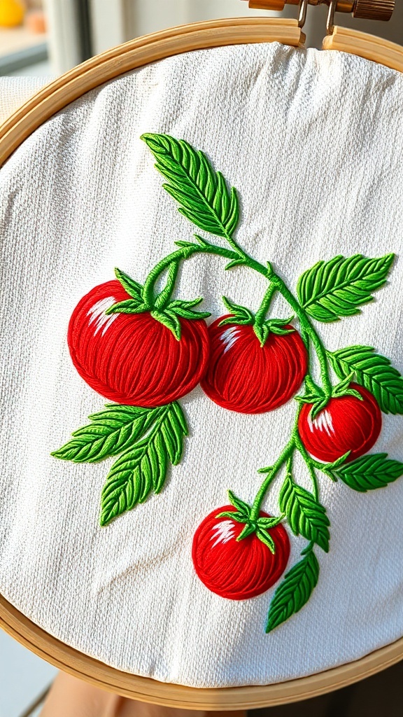Close-up of embroidered tomatoes on fabric with green leaves.